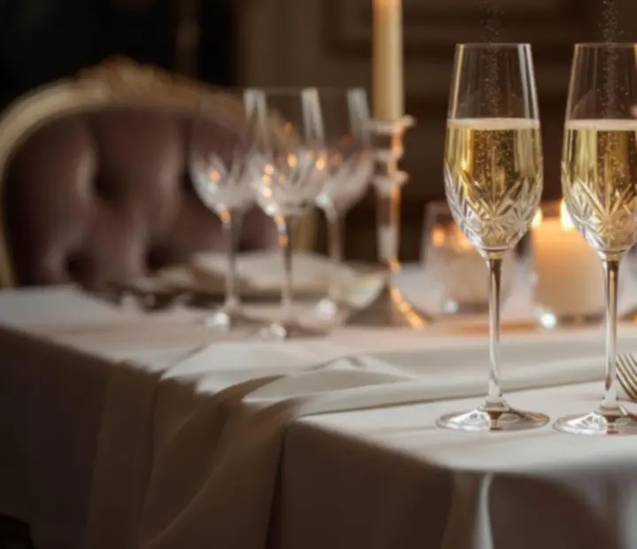 Ambiance de salle avec champagne et lumi\u00e8re tamis\u00e9e chez Rencont Replace