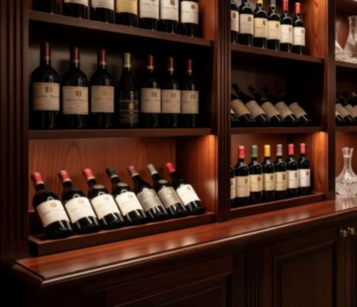 Cave &agrave; vins d&rsquo;un restaurant gastronomique, avec une s&eacute;lection de bouteilles de prestige.