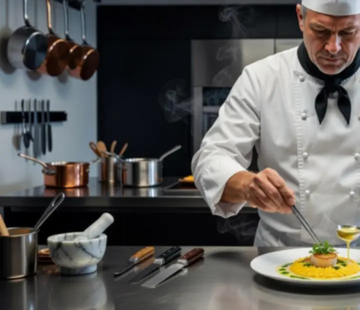 Chef en cuisine dressant une assiette gastronomique avec précision.