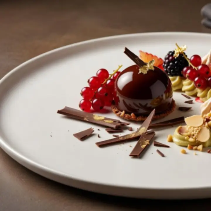Dessert signature dressé avec une présentation artistique et contemporaine.