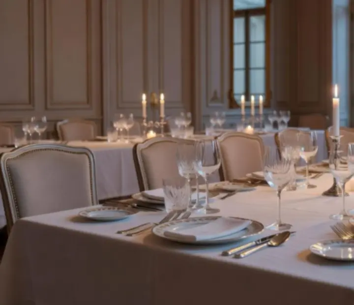 Table gastronomique dressée pour un événement privé dans un restaurant de luxe.