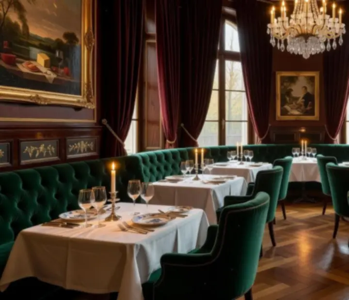 Salle de restaurant gastronomique baign\u00e9e d\u2019une lumi\u00e8re tamis\u00e9e chez Rencont Replace