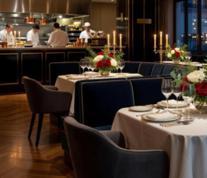 Intérieur élégant du restaurant avec éclairage chaleureux et décor sophistiqué.