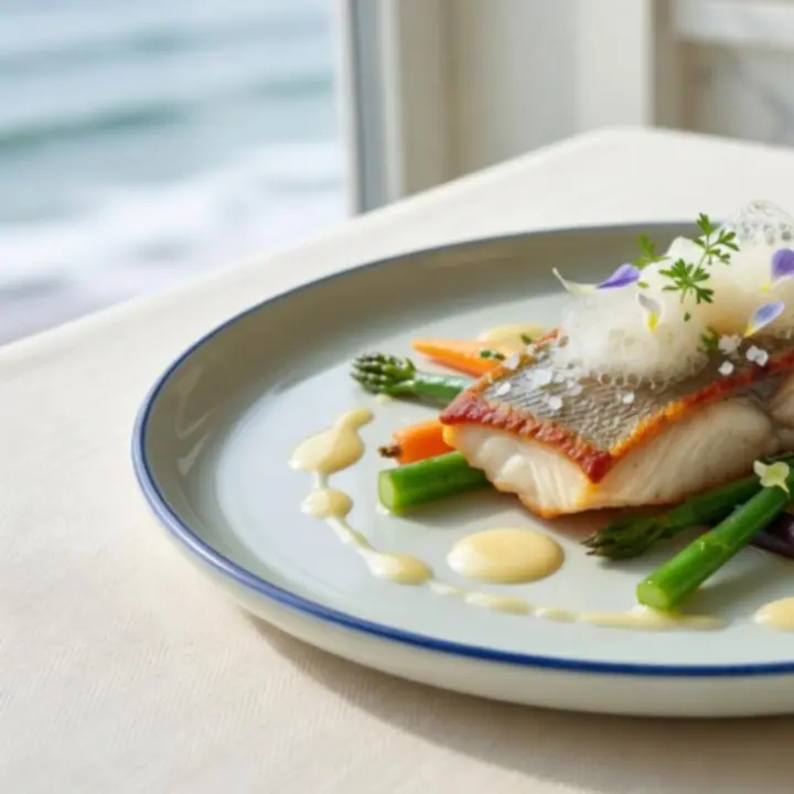 Plat de poisson noble délicatement dressé avec légumes de saison.