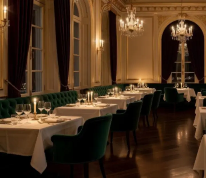 Salle de restaurant gastronomique luxueuse, aux lumi&egrave;res tamis&eacute;es et tables dress&eacute;es avec &eacute;l&eacute;gance.