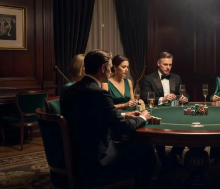 Table de poker &eacute;l&eacute;gamment dress&eacute;e dans un restaurant, avec des jetons symboliques et une ambiance feutr&eacute;e.