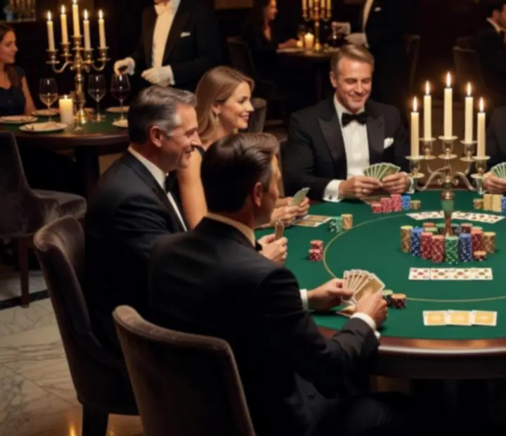 Table de poker \u00e9l\u00e9gante entour\u00e9e de convives lors d\u2019une soir\u00e9e priv\u00e9e chez Rencont Replace