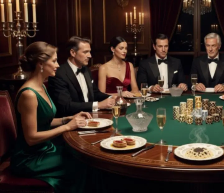 Soirée poker privée chic avec table élégante et jetons symboliques dans un restaurant de luxe.
